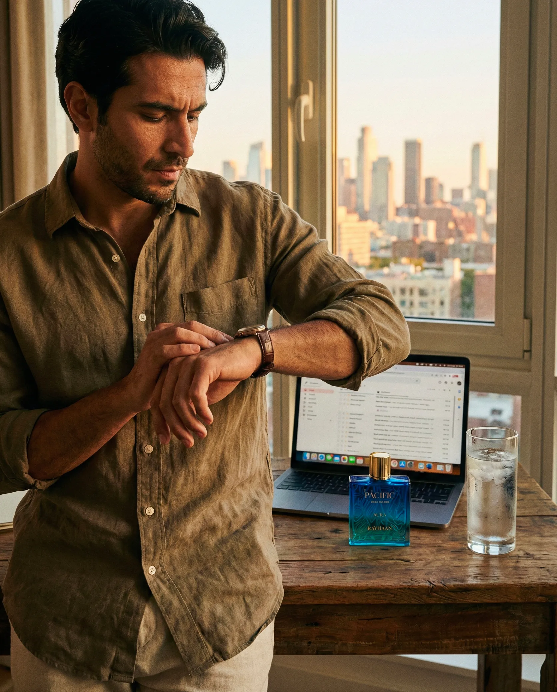 Pacific Aura trên bàn làm việc buổi chiều — nước hoa vẫn bám hương sau nhiều giờ